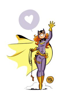 1girl ^_^ artist_name barbara_gordon batgirl batgirl_costume_(2014) batman_symbol belt blush boots breasts cape closed_eyes commentary dated dc_comics english_commentary full_body gloves grappling_hook grin heart highres jacket long_hair mask medium_breasts mikemaihack orange_hair pants pouch purple_jacket purple_pants simple_background smile solo speech_bubble spoken_heart superhero_costume thigh_strap tiptoes utility_belt waving white_background yellow_belt yellow_boots yellow_cape yellow_gloves