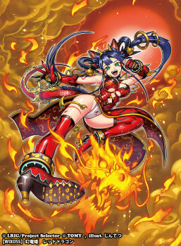 1girl blue_hair boots breasts character_request china_dress chinese_clothes cleavage copyright_notice dress elbow_gloves gloves green_eyes high_heel_boots high_heels jintetsu long_hair looking_at_viewer medium_breasts official_art open_mouth panties red_boots red_dress red_gloves smile solo thigh_boots twintails underwear white_panties wixoss