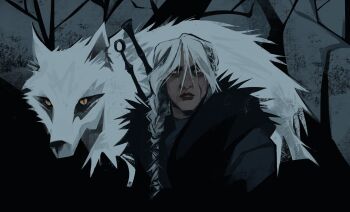 1girl braid braided_ponytail ciri facial_scar highres long_hair scar scar_on_cheek scar_on_face slit_pupils sword sword_on_back szczurherbacany the_witcher_(series) the_witcher_4 weapon weapon_on_back white_hair wolf yellow_eyes