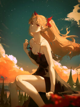 1girl absurdres blonde_hair blush bow breasts commentary_request dress dudrinm earrings ereshkigal_(fate) fate/grand_order fate_(series) hair_bow hair_ribbon highres jewelry long_hair looking_at_viewer medium_breasts parted_bangs red_eyes red_ribbon ribbon solo two_side_up very_long_hair