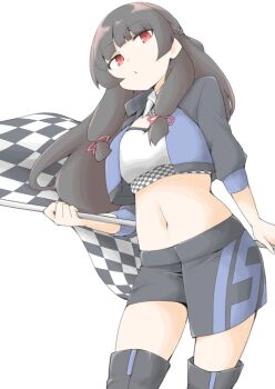 1girl akara_kai alternate_color black_hair black_skirt black_thighhighs blue_jacket checkered_flag cosplay cowboy_shot flag hair_ribbon highres isokaze_(kancolle) jacket kantai_collection long_hair midriff navel race_queen red_eyes ribbon simple_background skirt solo thighhighs tress_ribbon white_background zuikaku_(kancolle) zuikaku_(kancolle)_(cosplay) zuikaku_(race_queen)_(kancolle)