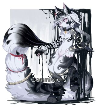 1other androgynous animal_ears animal_feet animal_hands black_collar black_fur braid claws collar commentary commission constellation_print cyber_sigilism digitigrade fluffy furry grey_eyes grey_fur grey_hair grey_theme head_wings highres ink long_hair navel neku_boo original other_focus pawpads profile single_braid snout solo tail tattoo watermark wings