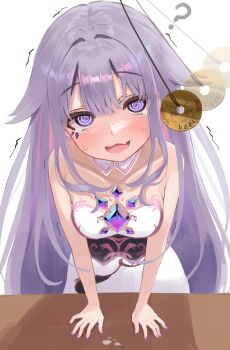 2girls ? @_@ absurdres blush breasts character_request chest_jewel cleavage coin coin_on_string collar commentary dress gem highres hololive hololive_english hypnosis koseki_bijou koseki_bijou_(1st_costume) leaning_forward leaning_on_table long_hair looking_at_viewer lucien_000298 medium_breasts mind_control multicolored_hair multiple_girls open_mouth pink_nails pink_streaks purple_eyes purple_gem raised_eyebrows simple_background sleeveless sleeveless_dress standing streaked_hair sweatdrop table tearing_up trembling untranslatable_commentary upper_body virtual_youtuber white_background white_collar white_dress wooden_table