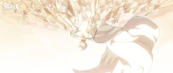 1boy 6+others absurdres bodysuit brooch cape chinese_commentary closed_eyes commentary_request copyright_logo curtained_hair gold_trim highres jewelry logo multiple_others nice_(to_be_hero_x) official_art outstretched_arms reaching reaching_towards_another short_hair solo_focus to_be_hero to_be_hero_x too_many_hands upside-down white_bodysuit white_cape white_hair