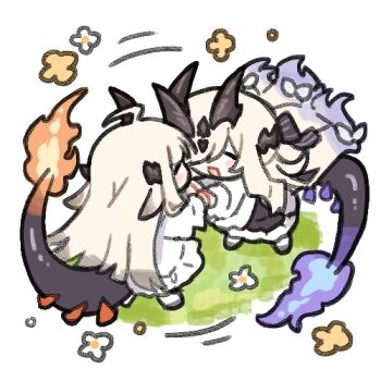 Rule 34 | ^ ^, ahoge, arknights, blush stickers, chibi, chibi only, chinese commentary, closed eyes, commentary request, dragon girl, dragon horns, dragon tail, facing another, fire, flame-tipped tail, flower, hair over one eye, holding hands, horns, long hair, lowres, mixed-language commentary, necrass (arknights), ppxdq, reed (arknights), siblings, sisters, tail