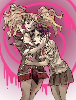 2girls absurdres black_hair black_lips black_nails black_shirt black_skirt blonde_hair blood blood_on_hands blue_eyes breasts caressing_hair choker cleavage closed_mouth collarbone danganronpa:_trigger_happy_havoc danganronpa_(series) enoshima_junko eyebrows eyelashes fingernails goofynerdd grey_eyes highres ikusaba_mukuro incest large_breasts long_hair looking_at_another multicolored_background multiple_girls nail_polish open_mouth pink_background pink_blood pleated_skirt red_skirt shirt short_sleeves siblings simple_background sisters skirt teeth twincest twins twintails white_background yuri