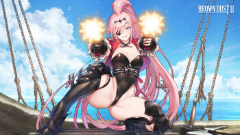 1girl absurdres armor bird black_leotard blue_eyes boat box breasts brown_dust_(series) brown_dust_2 cleavage copyright_name covered_navel cropped_jacket dual_wielding eyebrows_hidden_by_hair eyepatch firing full_body greaves groin gun hair_between_eyes highleg highleg_leotard highres holding holding_gun holding_weapon jacket large_breasts leotard light_blush lips long_hair looking_at_viewer ocean official_art official_wallpaper on_boat on_box open_mouth pink_hair ponytail red_jacket rubia_(brown_dust) seagull smirk solo squatting very_long_hair weapon wooden_box