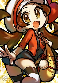 1girl :d ass bag blue_overalls breasts brown_eyes brown_hair cowboy_shot female_focus from_behind handbag hat highres idemaru long_hair looking_at_viewer looking_back lyra_(pokemon) matching_hair/eyes newsboy_cap nintendo one_leg_raised open_mouth overalls pokemon pokemon_hgss red_shirt shirt small_breasts smile solo standing standing_on_one_leg thighhighs twintails white_hat white_thighhighs