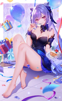 1girl balloon bare_legs bare_shoulders barefoot black_dress blue_skirt blush box breasts cake cleavage commentary_request cone_hair_bun detached_collar detached_sleeves dress feet food fork genshin_impact gift gift_box hair_bun hair_ribbon highres keqing_(genshin_impact) keqing_(opulent_splendor)_(genshin_impact) knees_up legs lightria long_hair looking_at_viewer medium_breasts plate purple_eyes purple_hair ribbon sitting skirt smile solo strapless strapless_dress swept_bangs toenails toes twintails wrist_cuffs