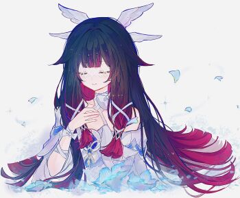 1girl black_hair closed_eyes closed_mouth columbina_(genshin_impact) dress eye_mask falling_petals flower genshin_impact hair_ribbon hand_up hashtag-only_commentary head_wings highres light_smile long_hair mask multicolored_hair petals red_hair ri_pi_o ribbon solo twitter_username upper_body white_background white_dress white_ribbon wings wrist_ribbon