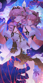 2girls absurdres bare_shoulders black_skirt breasts chain closed_mouth colored_extremities commentary dark_persona denia_(breakdown)_(wuthering_waves) denia_(wuthering_waves) dress dual_persona hair_intakes hair_ornament highres looking_at_viewer medium_breasts multiple_girls nitanyoo parted_lips purple_eyes shadow_hands skirt smile stuffed_toy white_dress wuthering_waves