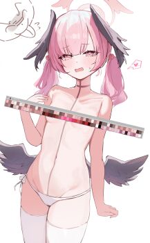 1boy 1girl absurdres art_program_in_frame black_wings blue_archive blush breasts censored doodle_sensei_(blue_archive) dot_nose feathered_wings halo hand_up head_wings heart highres koharu_(blue_archive) loli looking_at_viewer low_wings medium_hair navel novelty_censor open_mouth panties pink_eyes pink_hair pink_halo sensei_(blue_archive) side-tie_panties simple_background small_breasts solo_focus spoken_heart standing sweatdrop thighhighs thighs twintails underwear white_background white_panties white_thighhighs winged_halo wings ximgyeon zettai_ryouiki