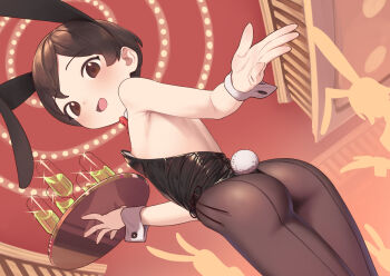 1girl :d alcohol animal_ears ass bare_shoulders black_leotard blush bow bowtie brown_eyes brown_hair cup detached_collar drinking_glass fake_animal_ears fake_tail flat_chest from_behind from_below highres leotard loli looking_at_viewer looking_back marine_(sagano_yuuji) nipple_slip nipples open_mouth original pantyhose playboy_bunny rabbit_ears rabbit_tail red_background reflection sagano_yuuji shiny_clothes short_hair smile solo strapless strapless_leotard tail thighhighs tray wrist_cuffs