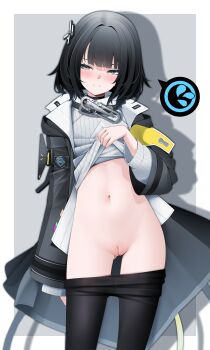 1girl absurdres arknights arknights:_endfield black_coat black_hair black_pantyhose blush cleft_of_venus closed_mouth clothes_lift clothes_pull coat commentary cowboy_shot endministrator_(arknights) female_endministrator_(arknights) flying_sweatdrops grey_eyes highres layered_sleeves lifting_own_clothes long_sleeves looking_at_viewer medium_hair navel pantyhose pantyhose_pull petite pussy ribbed_sweater solo speech_bubble spoken_flying_sweatdrops sweater sweater_lift uncensored variant_set white_sweater z.taiga