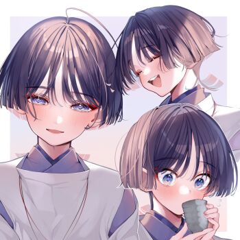 1boy blunt_bangs blunt_ends blush choppy_bangs clothing_cutout colored_inner_hair commentary_request cup eyelashes eyeliner eyeshadow facing_to_the_side flying_sweatdrops genshin_impact highres holding holding_cup japanese_clothes kariginu kimono layered_sleeves looking_at_object looking_at_viewer ma_d_k_89 makeup male_focus multicolored_hair multiple_views open_mouth purple_kimono purple_sleeves red_eyeliner red_eyeshadow red_lips scaramouche_(genshin_impact) scaramouche_(kabukimono)_(genshin_impact) shoulder_cutout smile solo teeth tongue tsurime upper_teeth_only white_hair white_sleeves wide-eyed yunomi