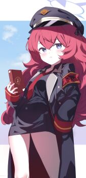 1girl absurdres black_coat black_hat black_shirt black_skirt blue_archive blue_eyes blush book coat collared_shirt commentary dinsoreprong64 fluffy_hair hat highres holding holding_book iroha_(blue_archive) long_hair miniskirt necktie open_clothes open_coat parted_lips peaked_cap pencil_skirt red_hair red_necktie shirt single_sleeve_past_fingers single_sleeve_past_wrist skirt solo very_long_hair