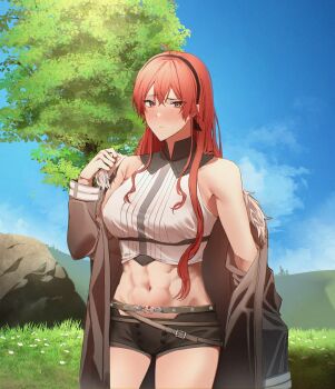 Rule 34 | 1girl, abs, absurdres, ahoge, bare shoulders, belt, black hairband, black jacket, blush, breasts, brown shorts, closed mouth, clothes pull, commentary request, cowboy shot, crop top, cropped shirt, crossed bangs, day, eris greyrat, fur-trimmed jacket, fur trim, grass, hair between eyes, hairband, hand up, highres, horizon, jacket, jacket pull, large breasts, long hair, long sleeves, looking at viewer, midriff, mushoku tensei, navel, open clothes, open jacket, outdoors, pulling own clothes, red eyes, red hair, rock, shirt, short shorts, shorts, sidelocks, sky, sleeveless, sleeveless shirt, solo, tree, underbust, undressing, white shirt, yuasobi871