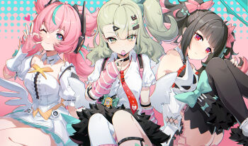 3girls absurdres angels_of_delusion aqua_hair aqua_streaks aria_(zenless_zone_zero) arm_warmers backpack bag bare_shoulders black_choker black_hair black_nails black_sleeves black_thighhighs blue_eyes blunt_bangs blush bow breasts candy center_frills choker closed_mouth collarbone collared_shirt commentary cowboy_shot crossed_bangs detached_collar detached_sleeves dress dress_shirt earrings elbow_gloves expressionless fingerless_gloves food frilled_sleeves frills gloves green_eyes green_hair hair_between_eyes hair_bow hair_ornament hairclip half-heart_hands halftone halo hand_up highres holding holding_candy holding_food holding_lollipop idol jewelry knees_up kumo33 layered_dress lollipop looking_at_viewer low_wings medium_breasts medium_hair multicolored_hair multiple_girls multiple_hair_bows nangong_yu necktie one_eye_closed one_side_up pink_arm_warmers pink_bow pink_gloves pink_hair polka_dot polka_dot_bow ponytail red_eyes red_necktie ring shirt sidelocks simple_background single_thighhigh sitting smile sparkling_eyes streaked_hair striped_arm_warmers sunna_(zenless_zone_zero) thighhighs twintails two-tone_hair virtual_pet_(toy) white_dress white_shirt white_wings wings x_hair_ornament zenless_zone_zero