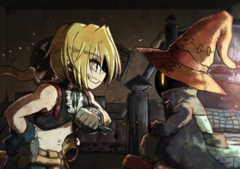 Rule 34 | 2boys, black gloves, black mage (final fantasy), blonde hair, blue coat, blue eyes, boots, brown hat, clenched hand, coat, commentary, final fantasy, final fantasy ix, from side, gloves, grin, hair between eyes, hand on own hip, hat, highres, male focus, multiple boys, pants, profile, signature, sitting, sleeveless, smile, spiked hair, symbol-only commentary, tail, vivi ornitier, watawata22, wizard hat, zidane tribal