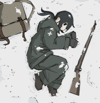 1girl backpack bag black_gloves black_hair chito_(shoujo_shuumatsu_ryokou) gloves gun highres jacket long_hair long_sleeves lying nyaausea on_ground on_side outdoors pants rifle shoujo_shuumatsu_ryokou snow solo unworn_backpack unworn_bag weapon