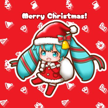 1girl absurdres alternate_costume aqua_eyes aqua_hair boots coat commentary_request fur-trimmed_coat fur_trim hair_ribbon hat hat_bell hatsune_miku highres holding holding_sack looking_at_viewer merry_christmas open_mouth outline red_background red_boots red_coat red_hat ribbon sack santa_costume santa_hat sh1n_chan solo twintails vocaloid white_outline