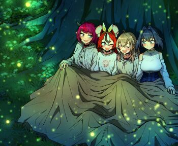 4girls absurdres ahoge animal_ears black_hair blanket blue_eyes blue_hair blush brown_hair ddolbang detached_sleeves fireflies hair_intakes hakos_baelz heterochromia highres hololive hololive_english hood hoodie horns irys_(hololive) long_hair mouse_ears mouse_girl multicolored_hair multiple_girls nanashi_mumei ouro_kronii pointy_ears purple_hair red_hair streaked_hair sweater tree under_tree virtual_youtuber