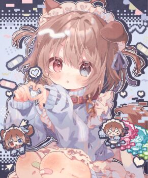 >_< 1girl :3 :o animal_ears apron bandaid bandaid_on_knee bandaid_on_leg blue_background blue_eyes blue_jacket blue_ribbon blush brown_hair chibi chibi_inset closed_eyes collar commentary commission cursor dog_ears dog_girl drop_shadow four-finger_heart_hands frilled_apron frills hair_ribbon hasuki_rui heart heart_hands heterochromia highres indie_virtual_youtuber jacket jersey_maid kamizakana_iriko long_sleeves maid maid_headdress open_mouth outline pixelated red_collar red_eyes ribbon short_hair skeb_commission track_jacket two_side_up unconventional_maid v-shaped_eyebrows virtual_youtuber white_apron white_outline x3