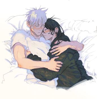 2boys arm_around_shoulder black_hair black_jacket blush closed_eyes closed_mouth crew_neck cuddling getou_suguru gojou_satoru hand_on_another&#039;s_arm hashtag-only_commentary head_on_another&#039;s_shoulder highres ira_fook jacket jujutsu_kaisen long_sleeves male_focus medium_hair multiple_boys pillow shirt short_sleeves t-shirt under_covers white_background white_hair white_shirt yaoi