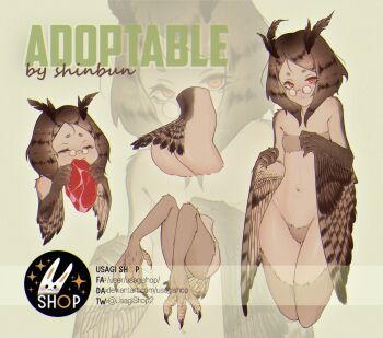 1girl adoptable artist_name ass bird_legs bird_tail brown_feathers brown_hair brown_wings eating feather_hair feathers female_pubic_hair food glasses harpy highres holding holding_food long_hair looking_at_viewer monster_girl multiple_views navel nude original owl_girl pince-nez pubic_hair raw_meat red_eyes shinbun_n tail talons twitter_username winged_arms wings zoom_layer