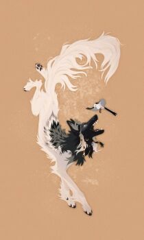 animal animal_ears animal_focus artist_name astarcis bird bird_wings black_fur claws commentary decorations dynamic_pose english_commentary fangs feathers fluffy fox full_body highres jewelry no_humans open_mouth original sharp_teeth simple_background tail teeth very_long_tail watermark white_fur wings wolf wolf_paws