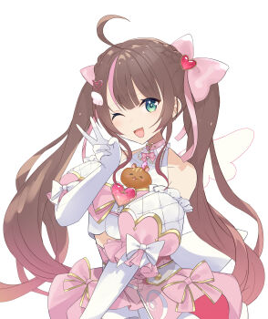 1girl absurdres ahoge bow brown_hair cloud_hair_ornament commentary_request dress elbow_gloves gloves hair_bow highres hololive long_hair looking_at_viewer matsurisu natsuiro_matsuri natsuiro_matsuri_(magical_girl) official_alternate_costume official_alternate_hairstyle one_eye_closed open_mouth pink_bow pink_dress pink_streaks sake-meron smile solo twintails v very_long_hair virtual_youtuber white_background white_gloves wings