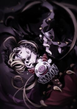 1boy aimono_jyushi alternate_costume black_lips black_nails blonde_streaks blue_eyes chiyo_(rotsurechiriha) clenched_teeth crying ear_piercing earrings floating_hair flying_teardrops hair_over_one_eye highres hypnosis_mic jewelry looking_at_viewer male_focus multicolored_hair neck_ruff pale_skin piercing solo stuffed_toy tears tears_from_one_eye teeth two-tone_hair
