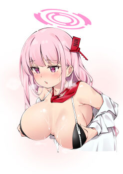 1girl absurdres bikini black_bikini blue_archive breasts commentary_request cum cum_on_body cum_on_breasts cum_on_upper_body eimi_(blue_archive) hair_ornament halo highres komasi large_breasts necktie pink_eyes pink_hair pink_halo red_necktie shirt solo swimsuit upper_body white_shirt