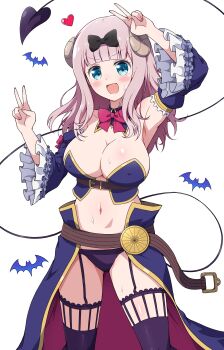 1girl :d absurdres arm_up armpits bat_background belt black_bow blue_eyes blue_sleeves blue_thighhighs blunt_bangs blush bow bowtie breasts brown_belt cleavage commentary cosplay covered_erect_nipples cowboy_shot crisis_management_form_(machikado_mazoku) curled_horns demon_girl demon_horns demon_tail detached_collar detached_sleeves double_v eggman_(ni_tamagoex) frilled_sleeves frills fujiwara_chika garter_straps hair_bow hand_up heart highres horns kaguya-sama_wa_kokurasetai_~tensai-tachi_no_renai_zunousen~ kohara_konomi large_breasts large_variant_set long_hair looking_at_viewer machikado_mazoku navel open_mouth pink_hair red_bow red_bowtie revealing_clothes showgirl_skirt simple_background smile solo stomach strapless sweat tail thighhighs v v-shaped_eyebrows v_over_head variant_set voice_actor_connection waist_cape white_background wide_sleeves yoshida_yuuko yoshida_yuuko_(cosplay)