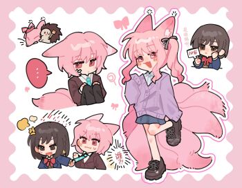 ... 1girl 1other aged_down akiyama_mizuki anger_vein animal_ear_fluff animal_ears bandage_on_face bandages black_pants blazer blue_jacket blue_necktie bow bowtie braid brown_eyes brown_hair brown_jacket candy cardigan chinese_text closed_mouth clothes_grab collared_shirt food fox_ears fox_girl fox_tail hand_up hands_on_own_knees hashtag-only_commentary hedgehog highres jacket kamiyama_high_school_uniform_(project_sekai) kemonomimi_mode knees_up koa0427 lapels lollipop long_hair long_sleeves looking_at_viewer necktie necktie_grab neckwear_grab nervous_sweating notched_lapels open_mouth pants pink_eyes pink_hair project_sekai purple_cardigan red_bow red_bowtie school_uniform shinonome_ena shirt shoelaces side_ponytail sidelocks single_braid skirt sleeves_past_fingers sleeves_past_wrists smile spoken_ellipsis standing standing_on_one_leg sweat tail translation_request