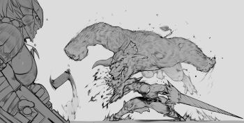 1boy 1girl 1other artist_self-insert battle blood breasts broken_horn clenched_teeth commentary english_commentary fur greyscale gun guro helmet highres holding holding_gun holding_weapon horns in_the_face jewelry jumping krekkov lance large_breasts male_focus manly monochrome monster monster_hunter_(series) muscular muscular_male nargacuga_(armor) necklace polearm punching rajang reloading shell_casing shield sideboob teeth tooth_necklace weapon