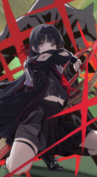 1girl absurdres arm_cutout auguste black_hair black_jacket black_serafuku black_shirt black_shoes black_skirt chisa_(wuthering_waves) clothing_cutout commentary dynamic_pose hair_ribbon highres holding holding_sword holding_weapon jacket long_hair looking_ahead neckerchief red_neckerchief red_ribbon ribbon sailor_collar school_uniform serafuku shirt shoes skirt solo sword tacet_mark_(wuthering_waves) thigh_strap weapon white_sailor_collar wuthering_waves