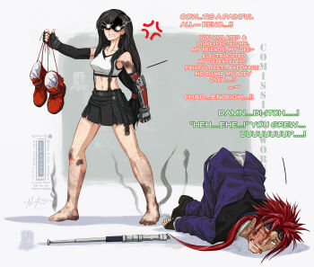 1boy 1girl anger_vein barefoot baton_(weapon) beaten black_hair clenched_teeth dirty dirty_feet electricity english_text feet final_fantasy final_fantasy_vii glowing glowing_eyes highres long_hair missing_commentary no_shoes reno_(ff7) reverse_ryona ryona teeth tifa_lockhart top-down_bottom-up weapon