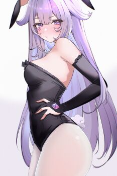 1girl absurdres alternate_costume animal_ears bare_shoulders black_bridal_gauntlets black_leotard blush breasts bridal_gauntlets closed_mouth commentary covered_navel cowboy_shot english_commentary fake_animal_ears fake_tail fingernails from_side gem hair_between_eyes highres hololive hololive_english jewel_under_eye ketari koseki_bijou leotard long_hair looking_at_viewer looking_to_the_side medium_breasts pantyhose purple_eyes purple_gem purple_hair rabbit_ears rabbit_tail simple_background solo strapless strapless_leotard tail very_long_hair virtual_youtuber white_background white_pantyhose