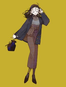 Rule 34 | 1girl, adjusting hair, bag, belted skirt, black hair, black jacket, blazer, brown bag, brown shoes, closed eyes, double breasted, earrings, fingernails, full body, grey sweater, hair pulled back, handbag, hariband, highres, jacket, jewelry, long legs, nail polish, necklace, original, outstretched arm, pearl necklace, plaid clothes, plaid skirt, shoes, simple background, skirt, smile, solo, standing, sweater, tassel, tassel earrings, turtleneck, turtleneck sweater, yasu urayaka, yellow background