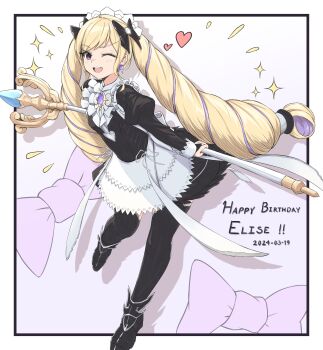 1girl absurdres alternate_costume apron black_dress blonde_hair character_name cosplay dated dress drill_hair earrings elise_(fire_emblem) felicia_(fire_emblem) felicia_(fire_emblem)_(cosplay) fire_emblem fire_emblem_fates happy_birthday highres holding holding_staff jewelry kyl490 looking_at_viewer maid maid_apron maid_headdress multicolored_hair nintendo one_eye_closed purple_eyes purple_hair solo staff streaked_hair twin_drills twintails