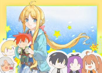 2boys 4girls :3 :d agate_crosner ahoge blonde_hair blue_background blue_jacket border character_doll chibi chibi_inset closed_mouth commentary_request curtained_hair doll eiyuu_densetsu estelle_bright frown highres jacket joshua_bright long_hair multiple_boys multiple_girls olivert_reise_arnor open_mouth parted_bangs purple_eyes purple_hair renne_(eiyuu_densetsu) s071c4evkc56194 scherazard_harvey sen_no_kiseki sen_no_kiseki_(series) sen_no_kiseki_i sen_no_kiseki_iv smile sora_no_kiseki star_(symbol) tita_russell twintails yellow_border yellow_eyes |_|
