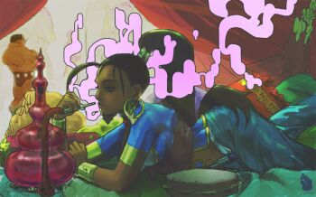 Rule 34 | 1boy, 1girl, ahoge, arabian clothes, arika, bad deviantart id, bad id, black hair, blue eyes, bracelet, brown hair, capcom, crossed arms, dark-skinned female, dark skin, darun mister, earrings, facial hair, from side, harem pants, high ponytail, hookah, hoop earrings, huge ahoge, jaysa-laser, jewelry, lips, long hair, lying, muscular, mustache, navel, on stomach, pants, pillow, ponytail, pullum purna, sash, street fighter, street fighter ex (series), tent