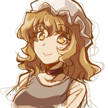 1girl blue_vest breasts choker closed_mouth clothing_request hair_between_eyes hat looking_at_viewer maribel_hearn mob_cap purple_choker sanwa_no_jako_(daikichi_club) shirt short_hair sketch smile solo touhou vest white_hat white_shirt