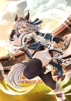 1girl alternate_costume animal_ears animal_print black_gloves black_shorts black_thighhighs boots breasts cleavage commentary cow_print cross-laced_clothes cross-laced_shorts double-parted_bangs fingerless_gloves fold-over_boots full_body gloves grass green_eyes grey_hair hairband high_heel_boots high_heels highres hololive horse_ears large_breasts looking_at_viewer metal_hairband mole mole_on_breast navel racetrack running sarasenia92 shirogane_noel short_hair shorts smile solo thick_thighs thighhighs thighs umamusume virtual_youtuber wavy_hair