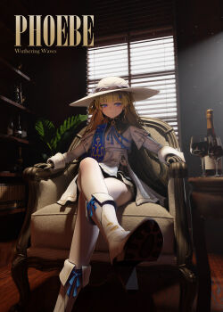 Rule 34 | 1girl, absurdres, andy2465, black gloves, blonde hair, boots, bottle, character name, closed mouth, commentary request, couch, crossed legs, cup, drinking glass, english text, gloves, hair ornament, hat, high heel boots, high heels, highres, indoors, long hair, long sleeves, looking at viewer, on couch, pantyhose, phoebe (wuthering waves), purple eyes, shirt, sitting, skirt, smile, solo, sun hat, white boots, white hat, white pantyhose, white shirt, white skirt, wine bottle, wine glass, wooden floor, wuthering waves, x hair ornament