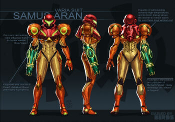 1girl arm_cannon assault_visor commentary english_commentary english_text from_behind from_side full_body max_kay metroid multiple_views neon_trim nintendo power_suit_(metroid) samus_aran standing varia_suit weapon