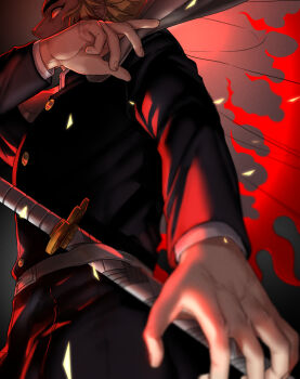 1boy belt black_jacket black_pants blonde_hair blurry blurry_foreground cape commentary_request cowboy_shot demon_slayer_uniform depth_of_field fighting_stance fingernails flame_print floating_clothes forked_eyebrows from_below from_side glowing gradient_background hand_up hashimoto_(yanagi-momo) holding holding_sword holding_weapon jacket katana kimetsu_no_yaiba long_hair long_sleeves looking_to_the_side male_focus multicolored_hair pants profile red_background red_eyes rengoku_kyoujurou sheath sheathed sideways_glance solo standing sword weapon white_belt white_cape