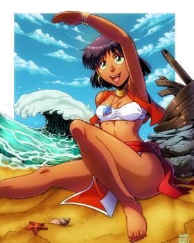 1girl :d arm_up armpits artist_name ass bandeau bare_shoulders barefoot beach belt blue_gemstone boat bob_cut border boulder bracelet breasts broken cleavage commentary conch cropped_vest dark-skinned_female dark_skin dated earrings english_commentary ewder fushigi_no_umi_no_nadia gem gold_bracelet gold_earrings green_eyes highres hoop_earrings jewelry knee_up leaning_back midriff nadia_la_arwall neck_ring nose ocean on_ground open_clothes open_mouth open_vest outside_border pelvic_curtain purple_hair red_belt red_sash red_skirt red_vest rock sand sash seashell shading_eyes shell shiny_skin shipwreck short_hair signature sitting skirt sleeveless smile solo starfish strapless teeth toes tube_top two-sided_fabric upper_teeth_only vest water watercraft waves white_bandeau white_border white_trim