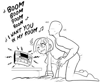 ! !! 1boy 1girl ass_shake bed blush breasts butterfly_(planetronika) butterfly_hair_ornament completely_nude doggystyle drawfag english_text faceless faceless_male full_body grin hair_ornament happy_sex highres medium_hair nipples nude on_bed one_eye_closed pants planetronika sex sex_from_behind simple_background smile sound_effects source_request topless_female white_background